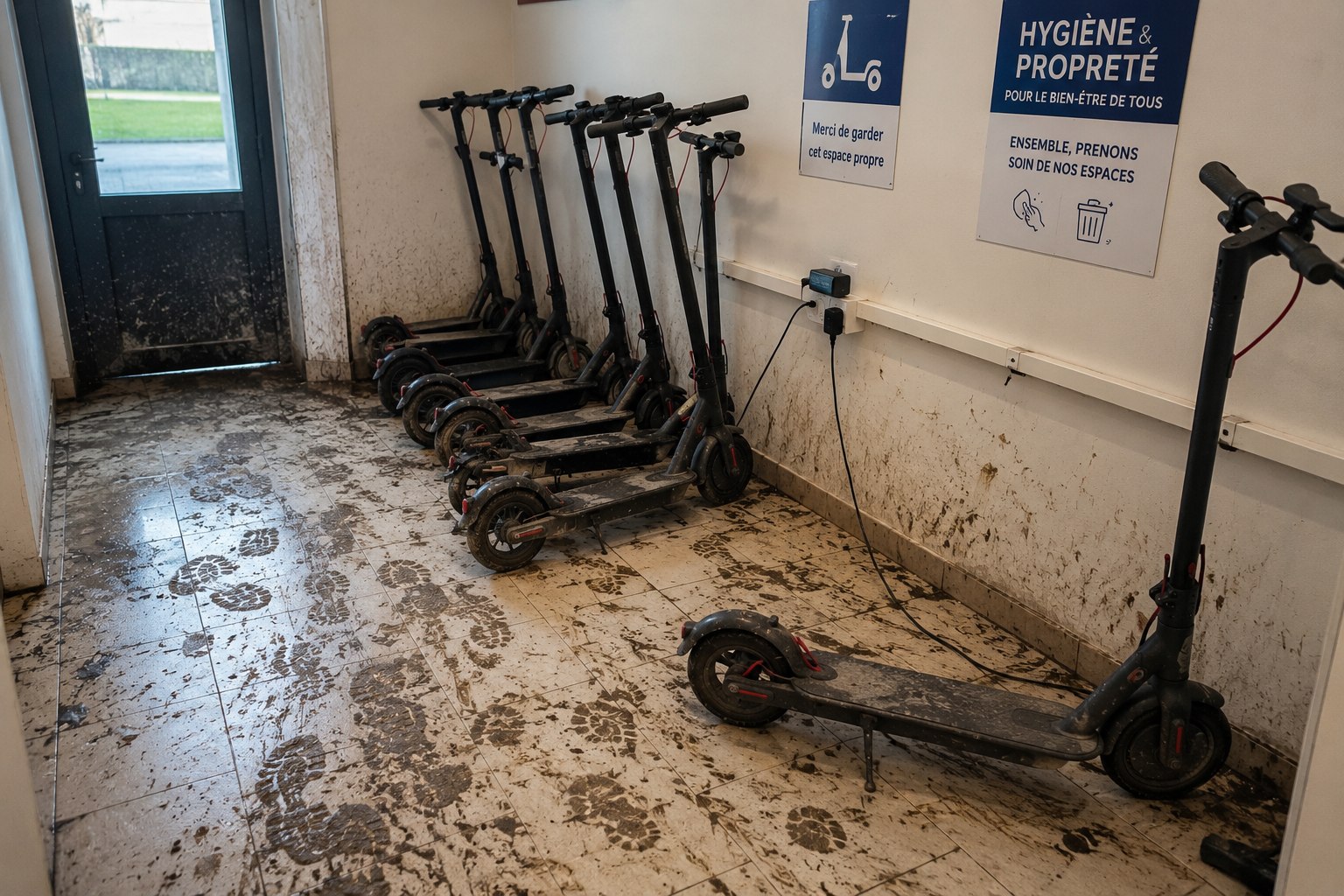 Sol d'un hall d'accueil sali par des trottinettes électriques stationnées à l'intérieur