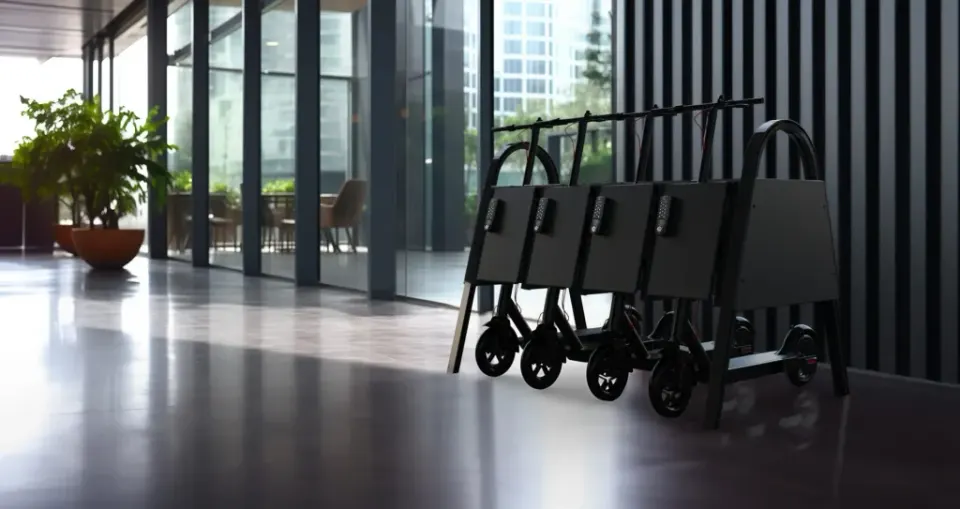 Pourquoi choisir Park'Easy ? Station accueillant quatre trottinettes électriques dans un hall vitré