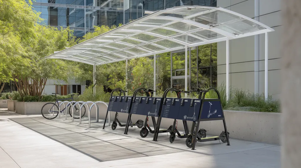 Stations Park'Easy pour trottinettes électriques sous un abri, sur le parvis d'un immeuble de bureaux