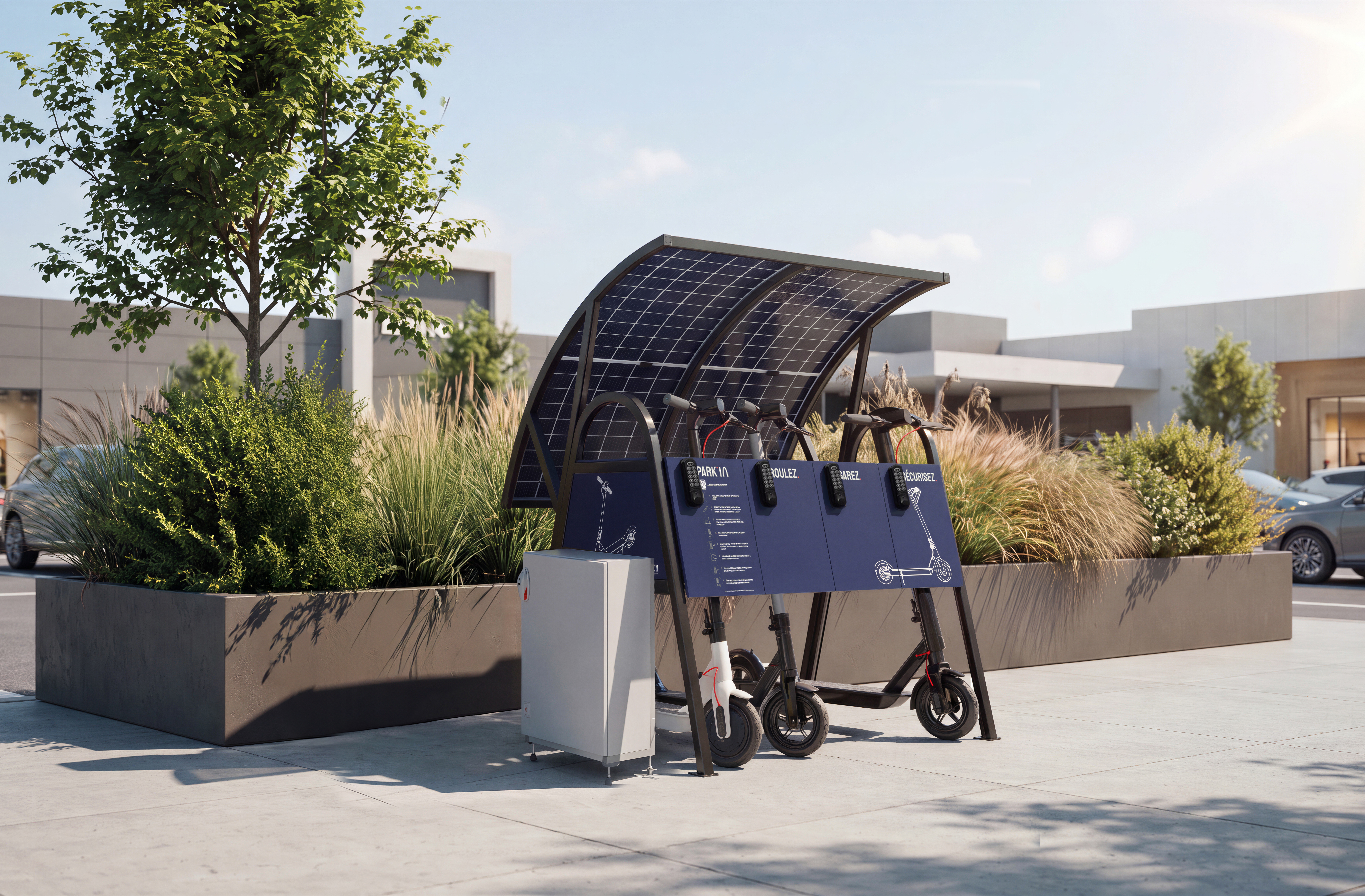 Park'Easy Photovoltaïque équipée de son auvent solaire, en extérieur